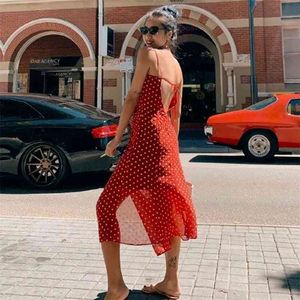 Décontracté rouge polka do robe été femmes dos nu en mousseline de soie vacances boho plage vestidos fente soleil voir à travers 210427
