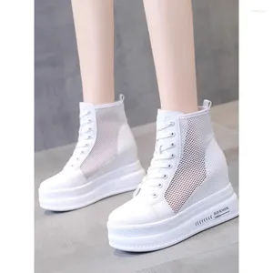 Zapatos informales de 8 cm Plataforma Wedge Hidden Heel High Top Genuine Leather Women Sneakers Fashion Summer Neting Neting Bots