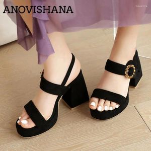 Chaussures décontractées Anovishana Spring Femmes Sandales Chunky High Heels 9cm Plateforme 32 33 Big Taille 45 46 Flock Suede Backle Strap Fashion Party