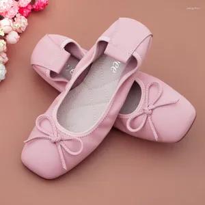 Zapatos casuales pisos ballet cuero de vaca para mujer rosa color rosa amarillo amarillo bownots cuadrado bote de cabeza suelta loafer
