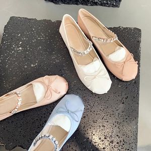 Zapatos casuales Banda de cristal Mary Janes Woman Bowtie Ballet de seda Flats Dulce Pink Pink Vestido Femenino Femenino Tobillo Store Size Size43