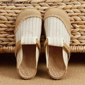 Chaussures décontractées Style ethnique Vintage Femmes Slipper Printemps Summer Flat Shoe lin Soft Sole Walking Walking Sandal Ladies 2024