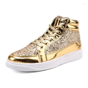 Chaussures décontractées mode Golden Miroirs brillants Mens Club Bar Glitter Streetwear Hip Hop High Top Men Sneakers