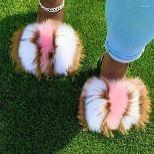 Zapatos informales para mujer peludas, pantuflas peludas de piel de zorro Real para otoño e invierno, pantuflas planas y cálidas para el hogar