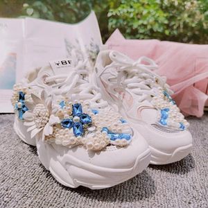 Zapatos informales para niñas, flores, diamantes de imitación azules, diseño S, bonitos y bonitos, plataforma de 5cm, zapatillas blancas altas, zapatos encantadores para mujer