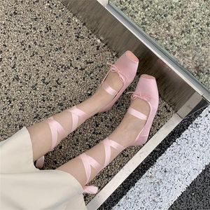 Chaussures décontractées ippeum rose ballet plates satin toe carré pour femmes mary janes lacet up ankel bretelles ballerinas zapatos mujer