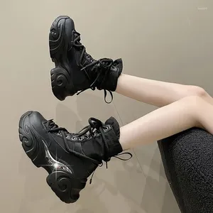 Chaussures décontractées femmes coréennes Muffin fond épais bottes courtes haut de luxe femme couleur unie à lacets moto Botas