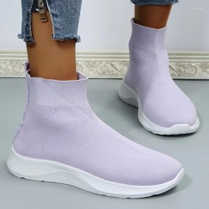 Plate-forme de chaussures décontractées Sneakers en tricot respirant Femmes 2024 Automne Purple High Top Sock Femme Plus taille 43 Slip on Flats