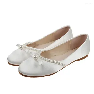 Chaussures décontractées grande taille 33-42 printemps automne été mode français Satin femme perles mariage blanc ballerines SO9-2