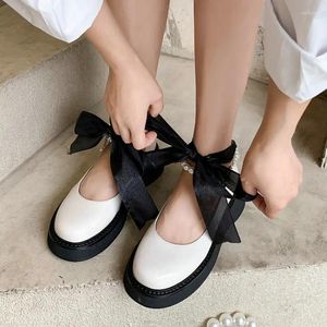 Zapatos casuales QPLYXCO 2024 otoño punta redonda lindas niñas japonesas lolita suela gruesa cinta tobillo corbata perla mujeres mary janes plataforma pisos