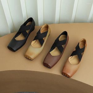 Chaussures décontractées rétro en cuir authentique Mary Jane Women Flats Lolita Square Toe Handmade Cross Elastic Band Vintage Ballerina Shoe Slip on