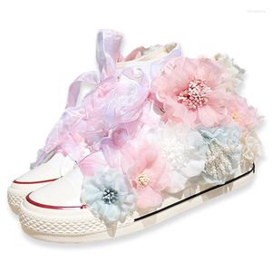 Chaussures décontractées pour femmes rond baskets bricolage fleurs brillantes filles brillantes soufflent en toile à haut haut plage de perle