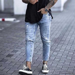 Casual Skinny Jeans Tobillo Longitud Ripped Denim Pantalón Cremallera Fly Hombres Ropa Corte Fondo Lápiz Azul Claro Cowboys Streetwear 211108