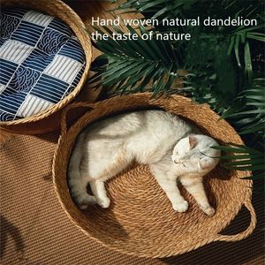 Camas para gatos Muebles Pure Manual Rattan Tejido Nest Four Seasons General Dandelion Cool Bed Scratch Board Productos para mascotas 221010