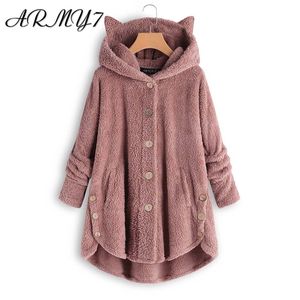 Oreilles de chat sweat robe dames surdimensionné coton manteau hiver chaud femmes solide longue tunique chapeau moelleux noir rose plus la taille LJ201103