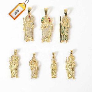 Colgante de San Judas verde católico Chapado en oro macizo de 18 quilates Figaro San Judas Tadeo Medalla Cadena Oro Laminado Colgante de collar de oro
