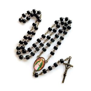 Joyería católica, colgante de cristal negro, collar Vintage de Rosario con cruz de Jesús para hombres y mujeres, oración religiosa