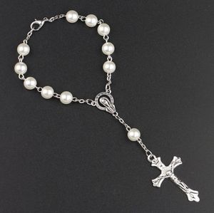 Católicos Rosario Rezo Pulsera Pulsera Cruz Imitación Pearl Acrílico Brazaletes Moda Muñeca Fit Party Souvenirs Mujeres