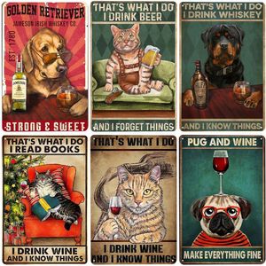 Gatos y vino Metal pintura perro y cerveza decoración de pared para Bar Home Club Let Evening Be-Gin cartel de hojalata placa divertida 20cm x 30cm Woo