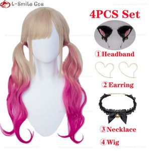 Disfraces de Catsuit, peluca de Cosplay de Anime My Dress-up Darling Kitagawa Marin Cat Girl, pelucas largas y rizadas resistentes al calor con gradiente dorado y rosa