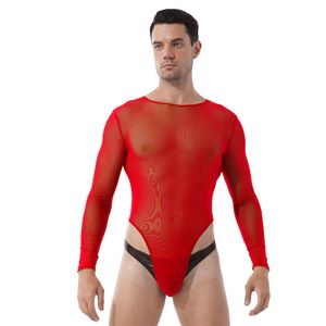 Costumes Catsuit Lingerie pour hommes Body en maille transparente vêtements de nuit à manches longues tongs coupe haute fermeture éclair au dos justaucorps coupe ajustée