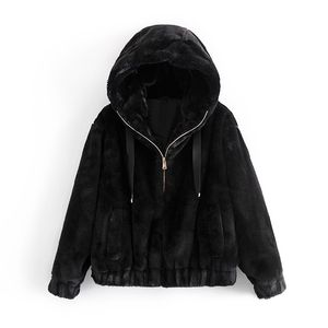 Causal Femmes Noir Fausse Fourrure Manteaux Mode Dames Vestes À Glissière Streetwear Femme Épais À Capuche Manteau Chic Fille Manteau 211007