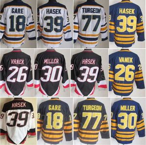 CCM Hockey Retro 30 Ryan Miller Jersey Retraite 39 Dominic Hasek 77 Pierre Turgeon 26 Thoma Vanek 18 Danny Gare 16 Pat LaFontaine 11 Perreault Vintage Marine Blanc Noir