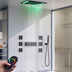 Cabezal de ducha de acero inoxidable de estilo moderno montado en el techo, juego de ducha LED de lluvia de 360x500mm, grifo completo negro