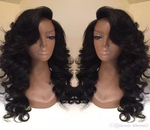 Style de célébrité perruques synthétiques vague de corps lâche cheveux naturel noir 1B couleur avec frange latérale pelucas femmes noires pleine wig8756592