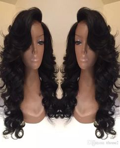Style de célébrité perruques synthétiques vague de corps lâche cheveux naturel noir 1B couleur avec frange latérale pelucas femmes noires pleine wig1550201