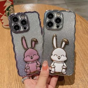 Cas de téléphone portable 6D Rabbit Bunny Holder Bling Glitter Crystal Wavy Phone Case pour iPhone 15 14 13 12 11 Pro Max X XS MAX XR 7 8 Plus Couverture arrière Q231130