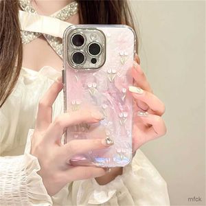 Études de téléphone portable Bling Bling Migne Tulip Shell Match Hot Pink Phone Case pour iPhone 14 15 Pro Max 12 13 Pro 11 Corée de couverture de silicone Girl Girl Girl Girl Girl Silicone