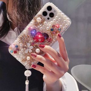 Étuis de téléphone portable Étui à fleurs d'amour coloré pour OPPO A5 A9 A15 A16 A52 A53 A72 A73 A93 A94 4G 5G A31 F17 F19 Pro couverture de pendentif en diamant bijou L230731