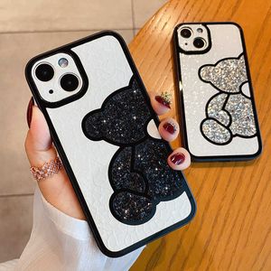 Étuis pour téléphones portables mignon coréen paillettes ours en cuir étui souple pour iPhone 14 Pro Max 14 Plus 13 12 11 XS XR X luxe Bling antichoc Silicone couverture J230421