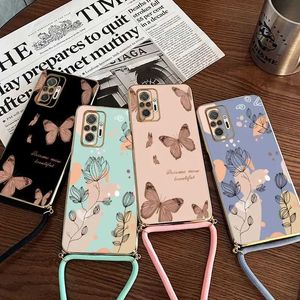Cas de téléphone portable Fleur Butfly Crossbody Lanyard Silicone Phone Case For Redmi Note 10 10T 8 Pro 7pro 8T 10S 12R 12S 12 Pro Cover