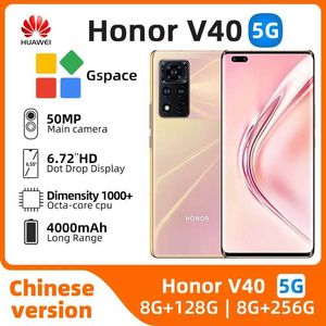 Cas de téléphones portables Honor V40 5G Téléphone mobile 8 Go RAM 128 Go 256 Go Dimensité 1000+ Octa Core 6.72 2676x1236p OLED 120Hz 50MP CAMERIE 66W Téléphone utilisé 240423