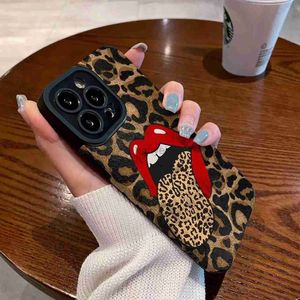 Cas de téléphone portable Hot Red Lip Leopard Print Case pour iPhone 11 12 13 14 15 Pro Max Mini 7 8 Plus X XS XR SE Femme Big Tongue Silicone Cover 2442