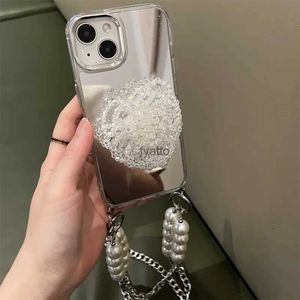 Étuis de téléphone portable Japon coréen Transparent Crystal Flower Support Bandbody Lanyard Chaîne Soft Case pour iPhone 13 12 11 14 Pro Max Mirror Cover H240326