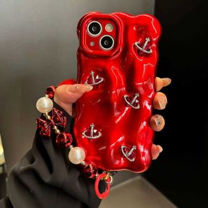 Étuis de téléphone portable Bord radio rouge de luxe avec bracelet, adapté à l'iPhone 15 Pro Max 14 13 12 Pro Max 11, housse d'humidité douce absorbant les chocs H240326