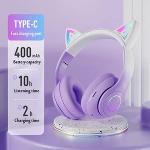 Écouteurs de téléphone portable Casque d'oreille de chat Bluetooth Casque de musique sans fil Dégradé de couleur LED avec micro Gamer Écouteur Enfants Beaux cadeaux de Noël 231117