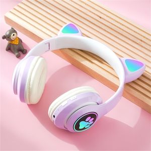 Auriculares para teléfono celular Luz brillante Lindo gato Bluetooth Auriculares para niños con micrófono Puede cerrar LED Niñas Música Bajo Casco Teléfono Tableta Auriculares inalámbricos Regalo 221103