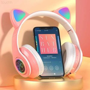 Fones de ouvido de telefone celular LED Cute Cat Ears Fones de ouvido Bluetooth sem fio com microfone TF FM Kid Girl Stereo Music Earbud Kitten Fone de ouvido presente L230914