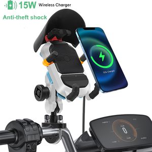 Soportes para teléfonos celulares Soporte para teléfono de motocicleta de carga inalámbrica de 15 W Cargador rápido Bicicleta Antirrobo Soporte para teléfono inteligente a prueba de golpes para teléfonos de 4.7-7.2 pulgadas 230826