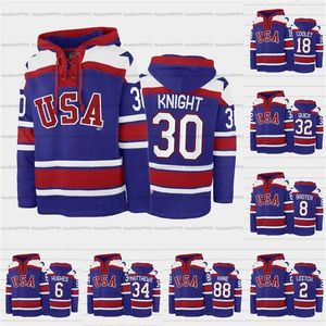 CeoA3740 Custom USA Hockey Team Lace-Up Relate Hoodie 34 Auston Matthews 6 Jack Hughes 88 Patrick Kane 30 Spencer Knight 32 Jonathan Quick 2 Brian