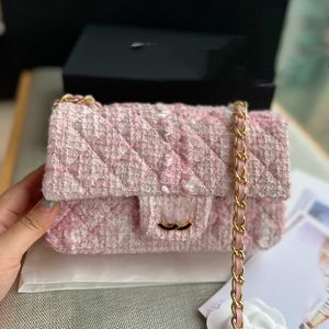 CF Bolsa de lana Moda Bolso de hombro para mujer 20 cm Tweed Hardware dorado Hebillas de metal Bolso de lujo Matelasse Cadena Bolsos cruzados Cerezo Flor Rosa Diseñador Sacoche