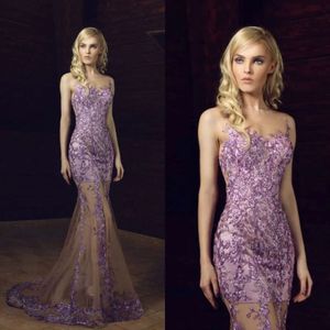 Chaaya violet sheer cou clair tony bal sirène appliques en dentelle formelle robe de soirée