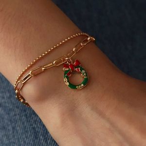 Cadena 1 unid doble capa serie navideña pulsera lindo muñeco de nieve copo de nieve reno calcetín de Navidad pulsera con dijes para niñas joyería GiftL24