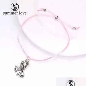 Chaîne Est Femmes Mode Ruban Rose Du Sein Lien Bracelet Cancer Sensibilisation Charme Corde Tressée Pendentif Bracelets Avec Faire Une Carte De Vœux Dhnn6