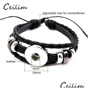 Cadena Moda Mtilayer Pulsera de cuero negro Fit 5Mm Botón de metal Nudo ajustable Perlas Diy Casual Snap Joyería Regalos Drop Dhgarden Dhvqx