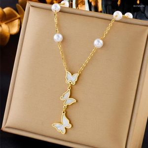 Chaînes 1 PC 316L Collier de perles en acier inoxydable pour femmes Vintage Simple élégant pendentif papillon gland fête bijoux cadeaux